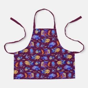 Fun tropical fishes on dark purple apron