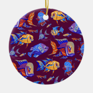 Fun tropical fishes on dark purple ceramic tree decoration