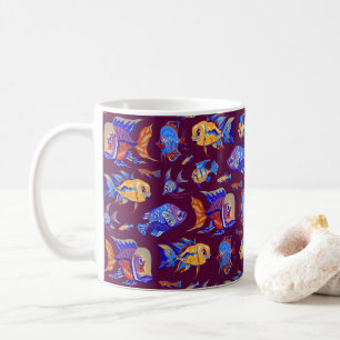 Fun tropical fishes on dark purple coffee mug