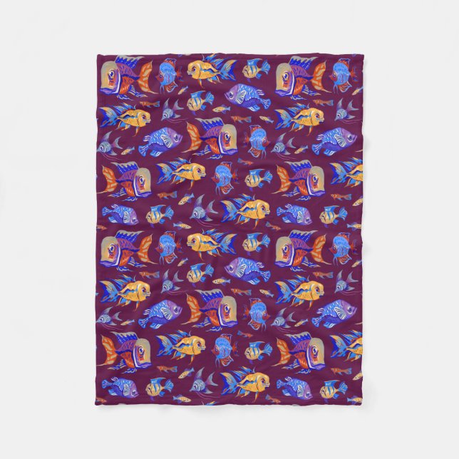 Fun tropical fishes on dark purple fleece blanket (Front)