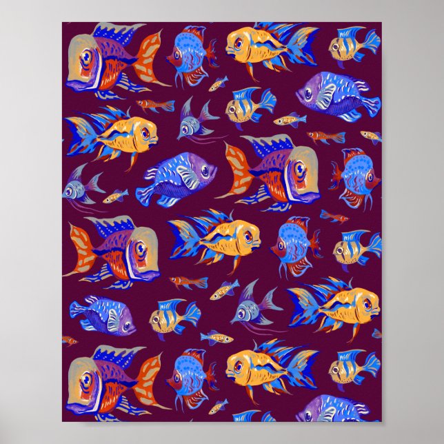 Fun tropical fishes on dark purple poster (Front)