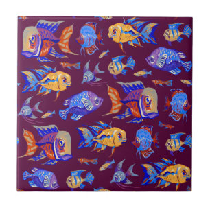 Fun tropical fishes on dark purple tile