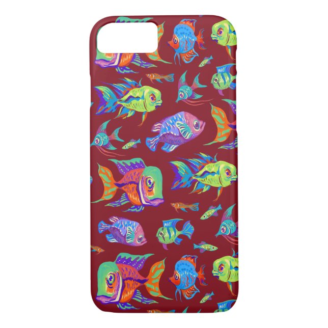 Fun tropical fishes on dark red Case-Mate iPhone case (Back)