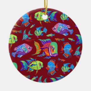 Fun tropical fishes on dark red ceramic tree decoration