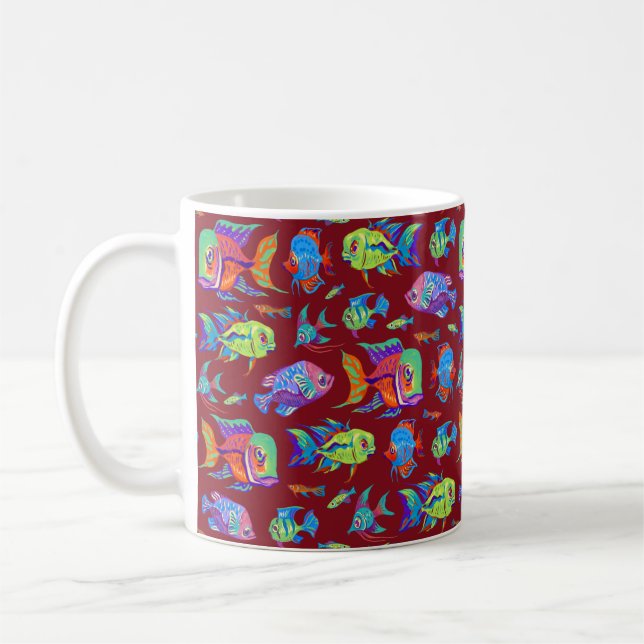 Fun tropical fishes on dark red coffee mug (Left)
