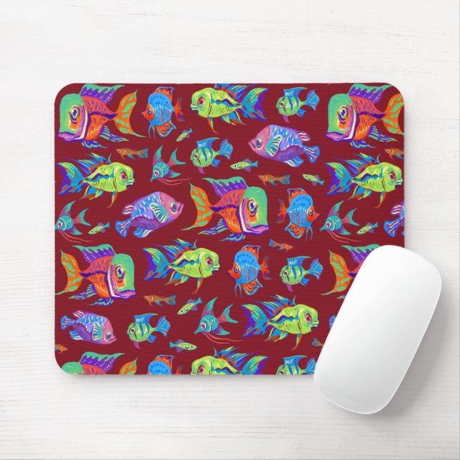 Fun tropical fishes on dark red mouse mat (With Mouse)