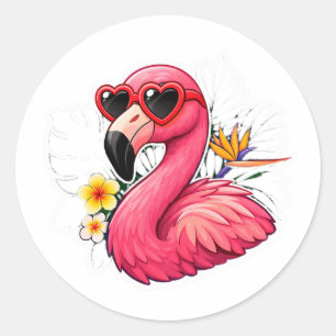 Fun Tropical Flamingo with Heart Sunglasses Sticke Classic Round Sticker