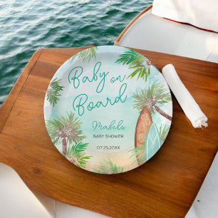 Fun Tropical palm trees beach baby on board shower Paper Plate