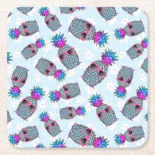 Fun Tropical Pineapple Floral Square Paper Coaster