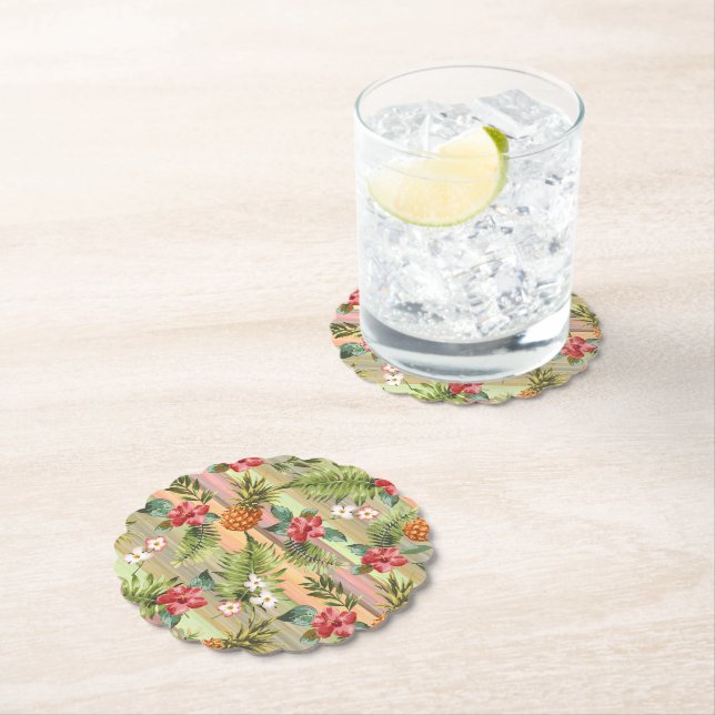Fun Tropical Pineapple Fruit Floral Leaves Pattern Paper Coaster (Insitu)