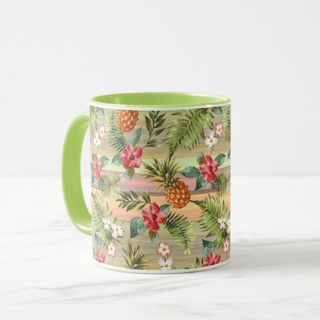 Fun Tropical Pineapple Fruit Floral Stripe Pattern Mug (Front Left)
