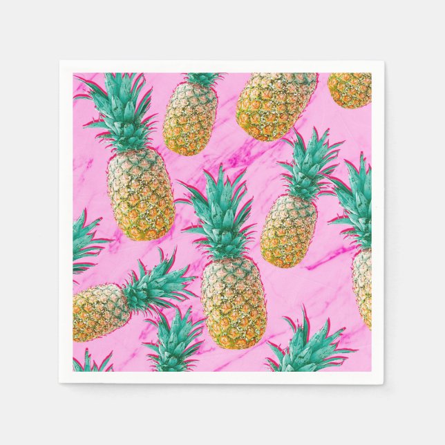 Fun Tropical Pineapples & Pink Marble Chic Party Napkin (Front)