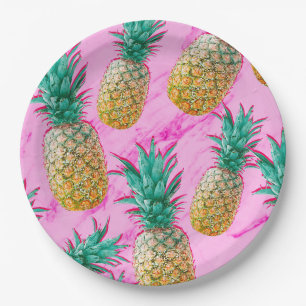 Fun Tropical Pineapples & Pink Marble Chic Party Paper Plate