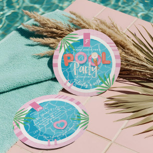 Fun Tropical Pink & Blue Illustrative Pool Party Invitation