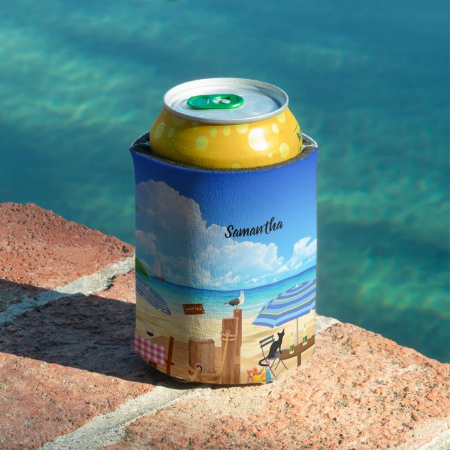 Fun tropical summer beach restaurant personalised can cooler (In Situ Pool)
