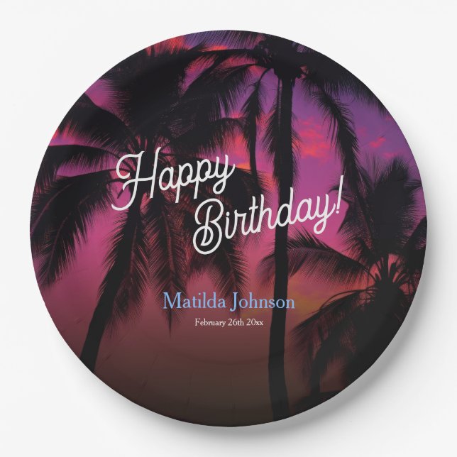 Fun Tropical Sunset Luau Birthday Party Paper Plate (Front)