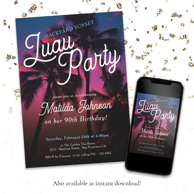 Fun Tropical Sunset Luau Party 90th Birthday Invitation (90th Birthday Tropical Sunset Luau Party Classy Invitation)