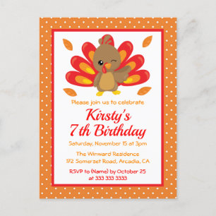 Fun Turkey Thanksgiving Birthday Invitation Postcard