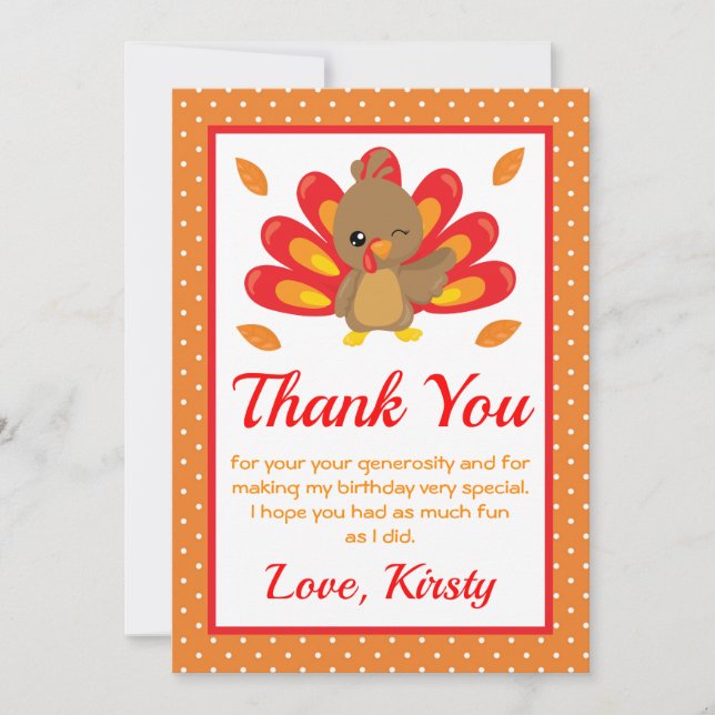 Fun Turkey Thanksgiving Birthday Thank You Card (Front)