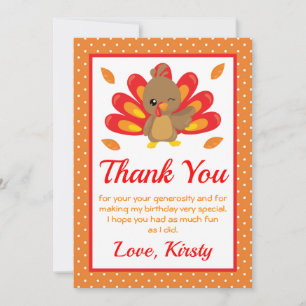Fun Turkey Thanksgiving Birthday Thank You Card