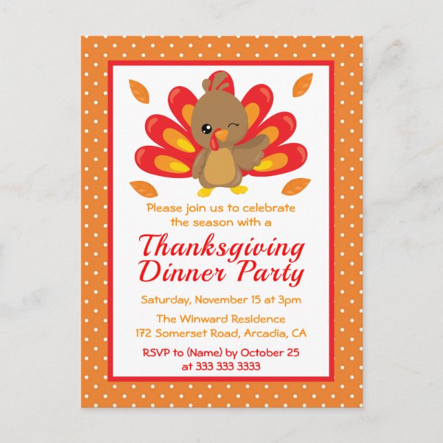 Fun Turkey Thanksgiving Dinner Party Invitation Postcard (Front)