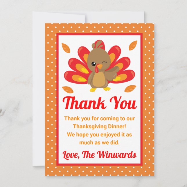 Fun Turkey Thanksgiving Dinner Party Thank You Card (Front)