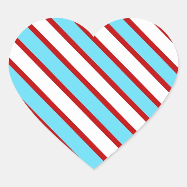 Fun Turquoise Blue Red and White Diagonal Stripes Heart Sticker (Front)