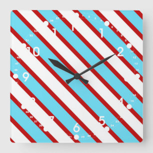 Fun Turquoise Blue Red and White Diagonal Stripes Square Wall Clock