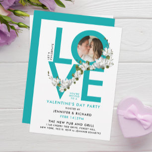 Fun Turquoise Love Celebration Script Photo Floral Invitation