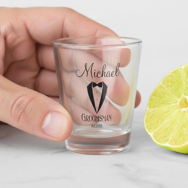 fun tuxedo & bow groomsman personalised  shot glass (Creator Uploaded)