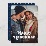 Fun Typography | Blue and White Dots with Photo Holiday Card<br><div class="desc">This fun and stylish card says "Happy Hanukkah" in cute retro boho typography,  with your favourite personal photo. The back of the card is blue with white polka dots.</div>