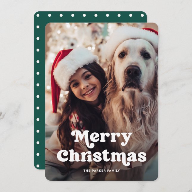 Fun Typography | Green and White Dots with Photo Holiday Card (Front/Back)