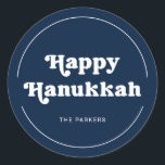 Fun Typography | Modern Blue Happy Hanukkah Classic Round Sticker<br><div class="desc">These fun and stylish holiday stickers say "Happy Hanukkah" in cute,  white retro boho typography on a modern blue background.</div>