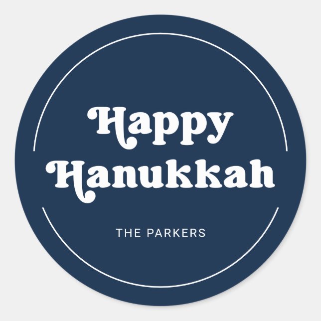 Fun Typography | Modern Blue Happy Hanukkah Classic Round Sticker (Front)