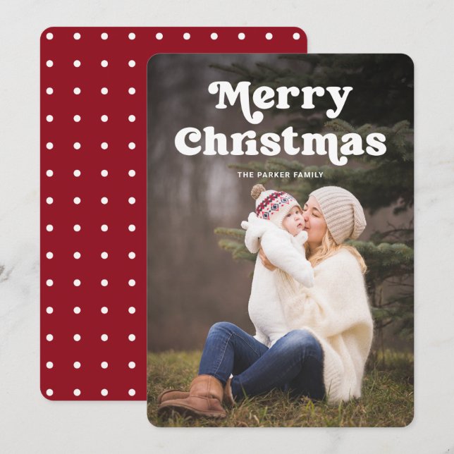 Fun Typography | Red and White Dots with Photo Holiday Card (Front/Back)