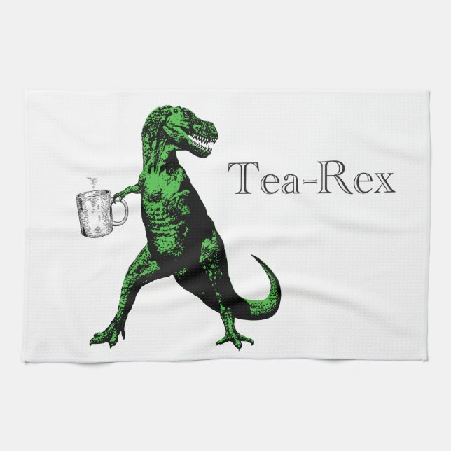 Fun Tyrannosaurus Rex drinking tea: A Tea-Rex… Tea Towel (Horizontal)