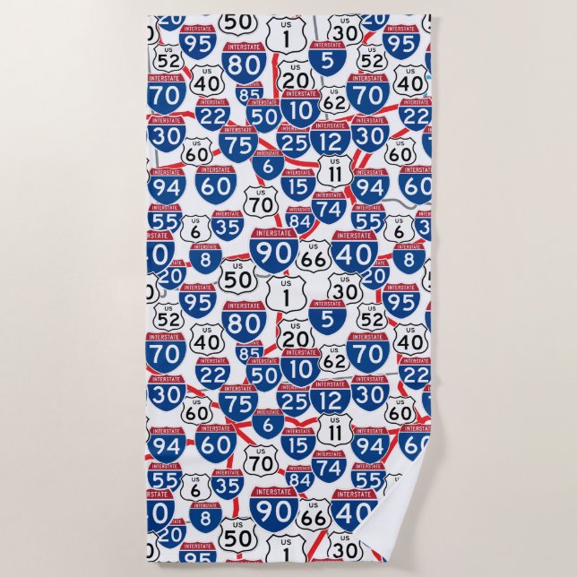 Fun U.S. Highway Signs and Map Random Pattern Beach Towel (Front)