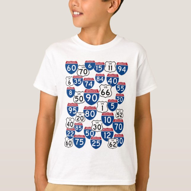 Fun U.S. Highway Signs Random Pattern T-Shirt (Front)