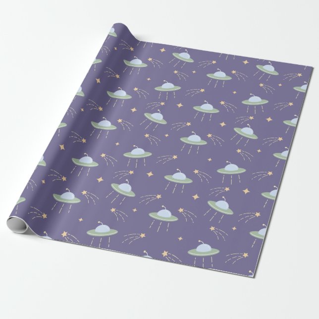 Fun UFO Kids Birthday Party Wrapping Paper (Unrolled)