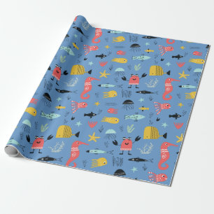 Fun under the sea cute cartoon ocean animals blue wrapping paper