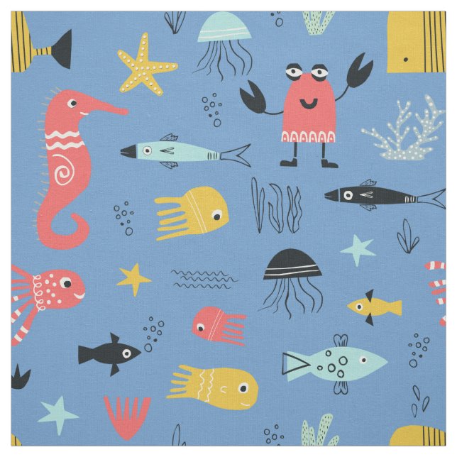 Fun under the sea cute cartoon ocean animals fabric (Swatch)