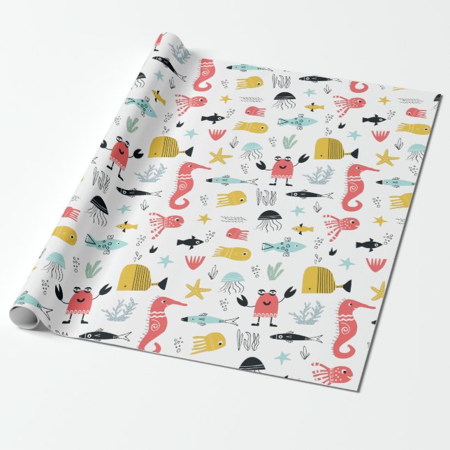 Fun under the sea cute cartoon ocean animals wrapping paper (Unrolled)