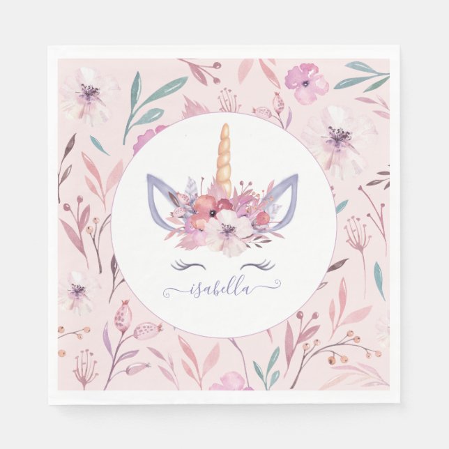 Fun Unicorn face watercolor party napkins (Front)