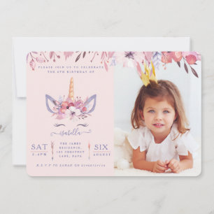 Fun Unicorn face watercolor photo party invite. Invitation