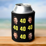 Fun Unique 40th Birthday 2 Photo Cool Retro Can Cooler<br><div class="desc">Fun 40th birthday 2 photo can cooler in retro bold yellow design. Year is customisable to suit any birthday year! To get the cutout effect please use a png file with background already cut out. If not, photo will appear as a circle surrounded by it's own background, just like the...</div>