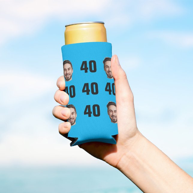 Fun Unique 40th Birthday Photo Cool Retro Seltzer Can Cooler (hand holding a blue seltzer can cooler with 5 times the number 40 and cutout of a mans face)