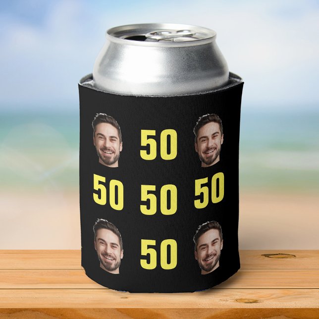 Fun Unique 50th Birthday Photo Cool Retro Can Cooler (Silver soda can in a black can cooler decorated with repeating yellow "50" text and photo)