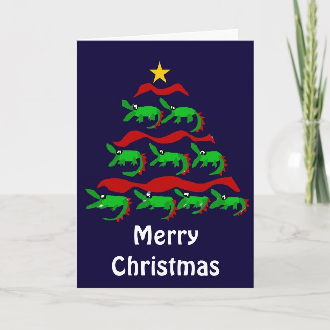 Fun Unique Alligator Art Christmas Tree Holiday Card (Front)