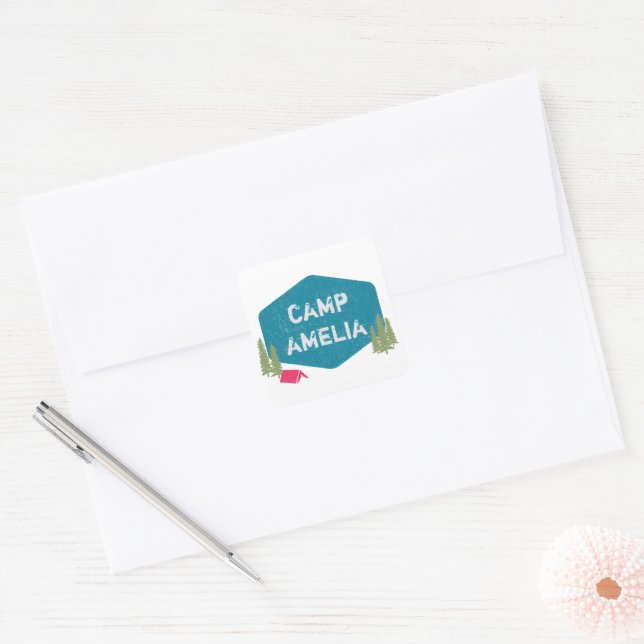 Fun Unique Personalised Camp Birthday Party Pink Square Sticker (Envelope)
