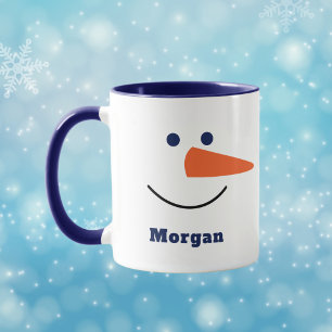 Fun Unique Trendy Happy Snowman Face Custom Name Mug